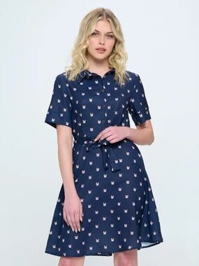 Navy blue cat-print dress with pockets, size M